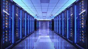 Modern data center with rows of hosting servers